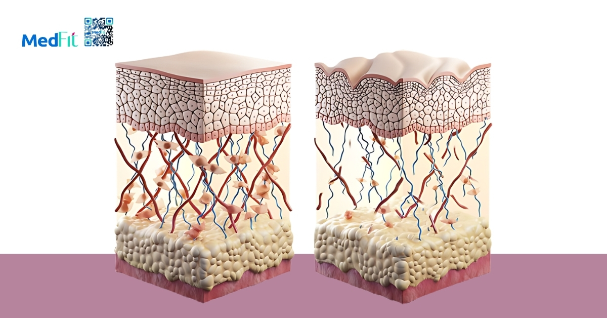 collagen và elastin của da bình thường (bên trái) và da bị chảy xệ (bên phải)