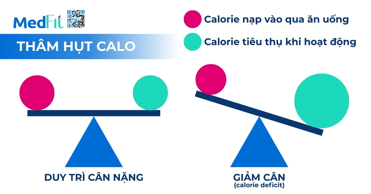 sự thâm hụt calo, lượng calo nạp vào (calo in) phải thấp hơn lượng calo tiêu hao (calo out)