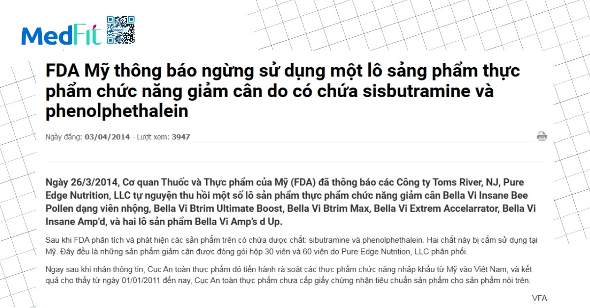 fda hoa kỳ thông báo thu hồi các thuốc giảm cân chứa chất cấm
