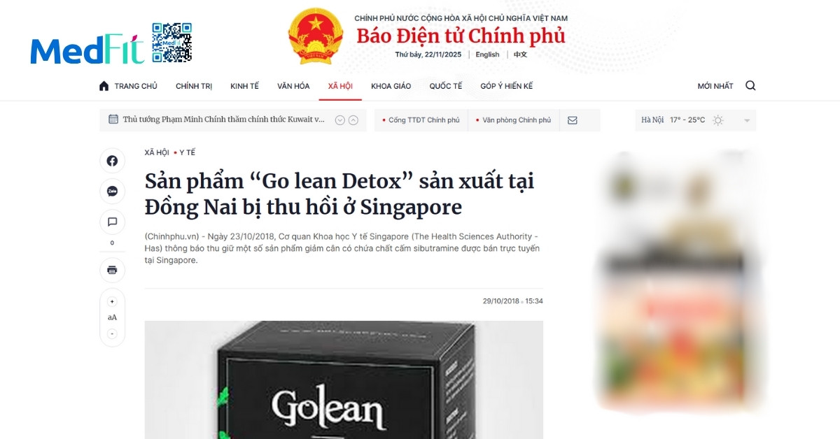 Cục An toàn thực phẩm (Bộ Y tế) đã yêu cầu thu hồi một số lô GoLean Detox sau khi kiểm nghiệm phát hiện sibutramine