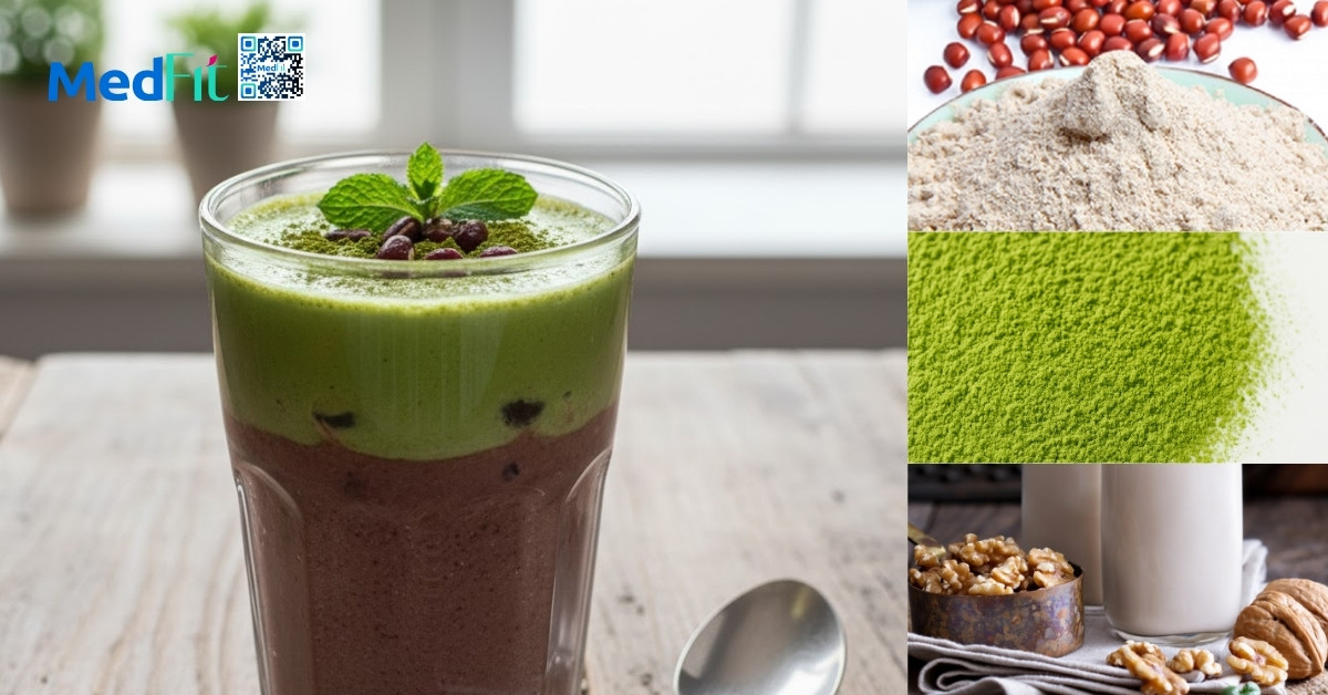 Cách uống bột đậu đỏ giảm cân an toàn và dễ áp dụng mỗi ngày 9 Bột đậu đỏ + matcha + sữa hạt