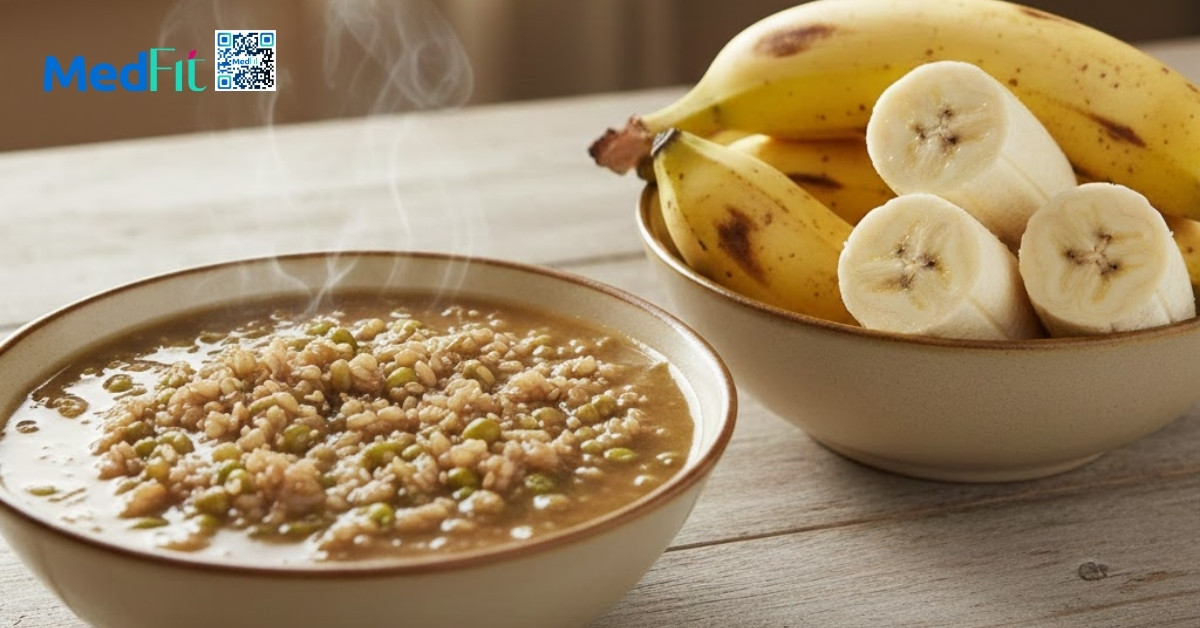 Cháo gạo lứt đậu xanh ăn kèm chuối sứ