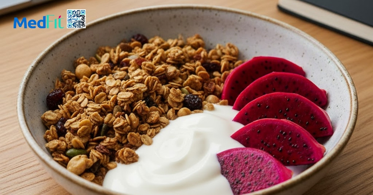 Granola trộn sữa chua không đường và thanh long