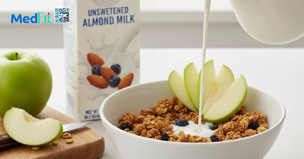 Granola với sữa hạnh nhân không đường và táo xanh
